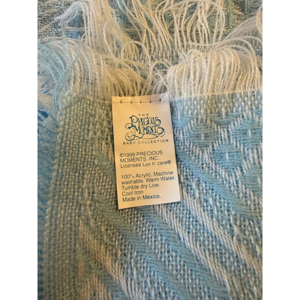 Vintage 1999 Precious Moments Blue Waffle Knit Baby Blanket Fringe Teddy Bear